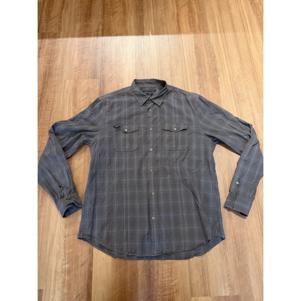 John Varvatos Button Down Mens L Grey Blue Plaid Luxe Long Sleeve Shirt